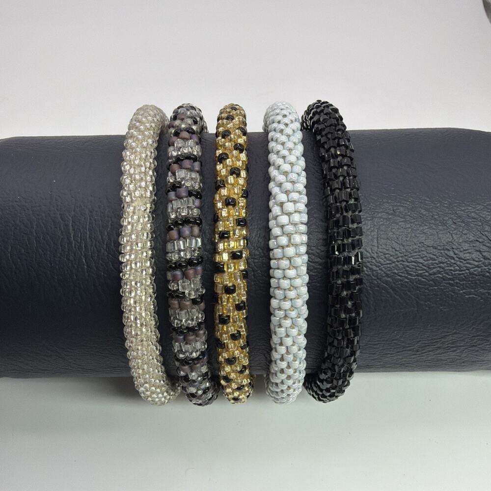 Seed Bead Crochet Bracelet Lot of 5 Roll On Silver Gray Black Gold Mesh Beaded